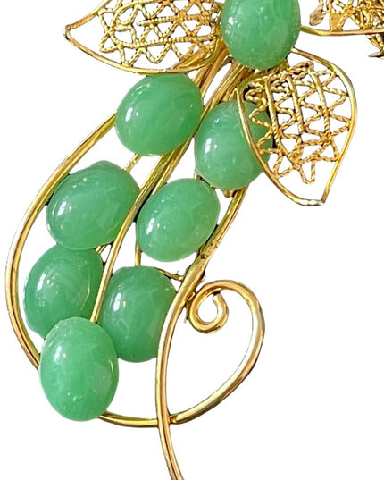 Vintage Faux Jade gold finish flower leaf brooch