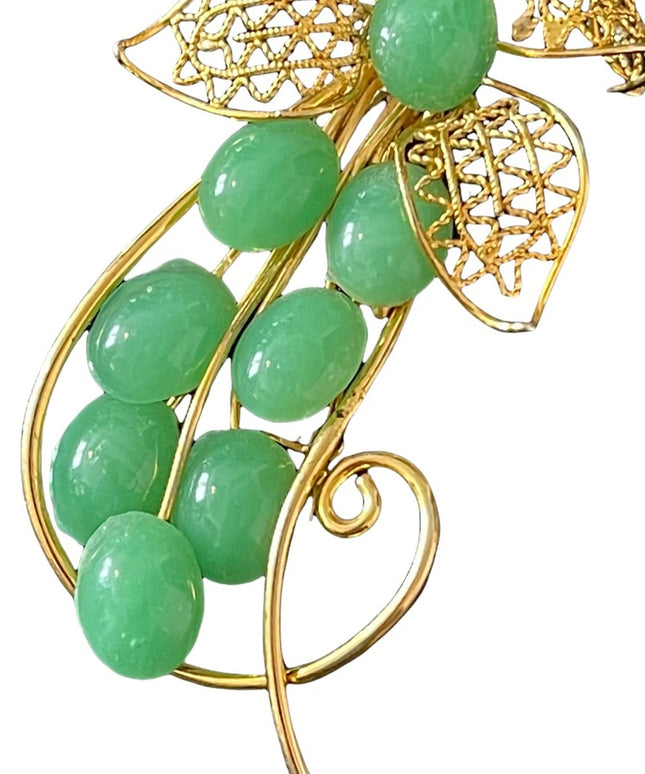 Vintage Faux Jade gold finish flower leaf brooch