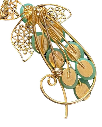 Vintage Faux Jade gold finish flower leaf brooch