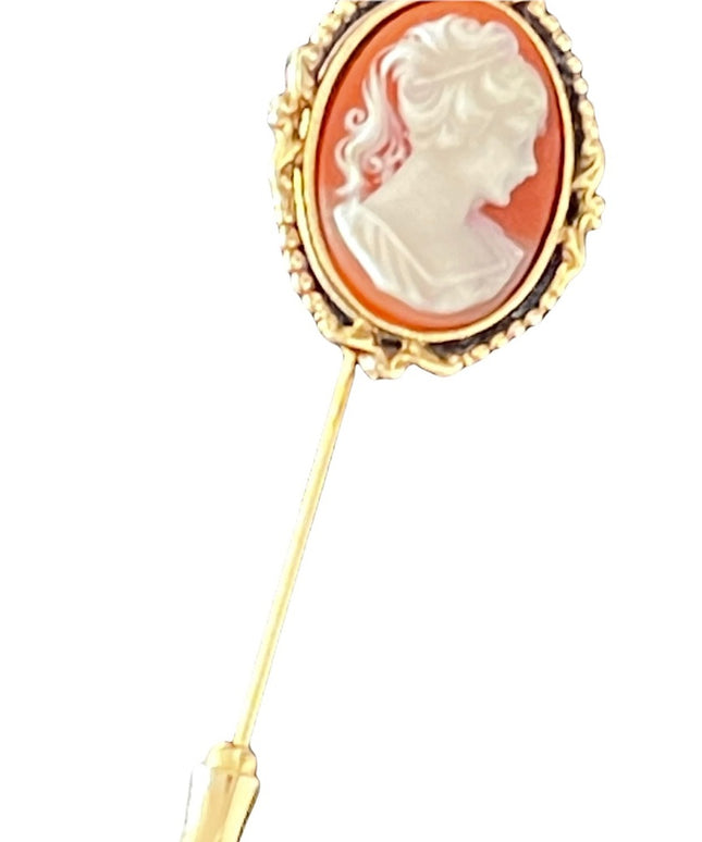 Vintage faux resin cameo stick pin brooch gold finish