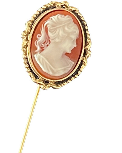 Vintage faux resin cameo stick pin brooch gold finish