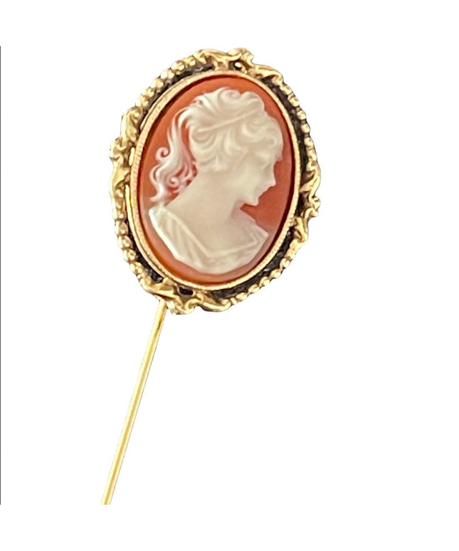 Vintage faux resin cameo stick pin brooch gold finish