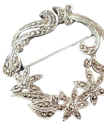 Silver finish fancy marcasite wreath brooch