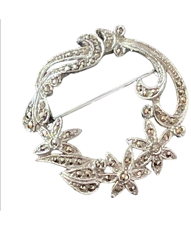 Silver finish fancy marcasite wreath brooch