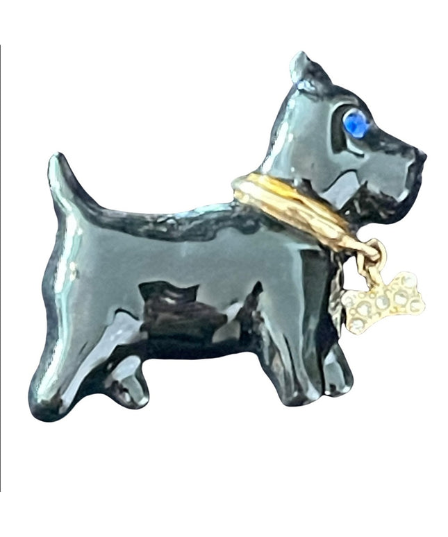 Black enamel Scottie dog with gold bone gold finish brooch