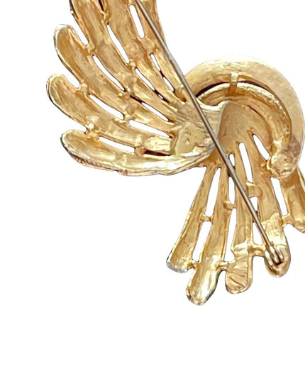 Vintage brushed gold faux pearl fancy feather brooch