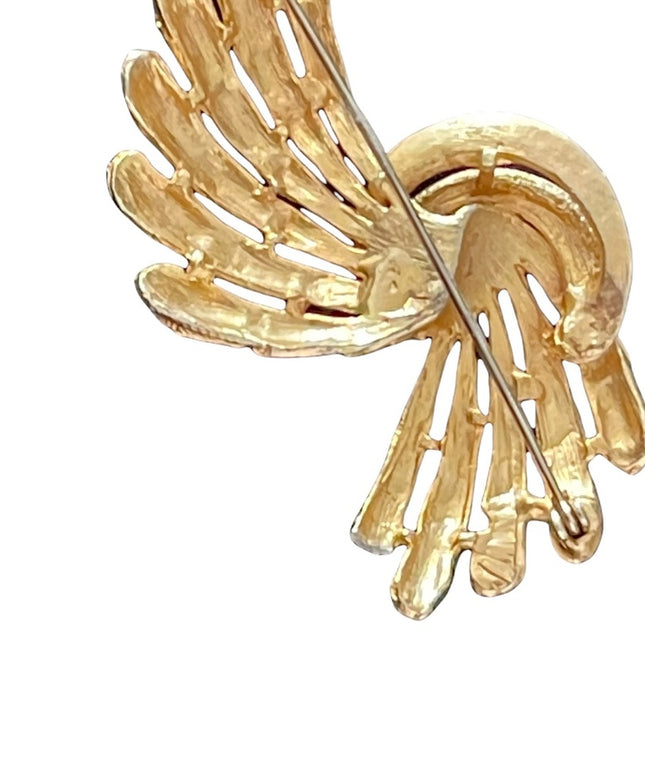 Vintage brushed gold faux pearl fancy feather brooch
