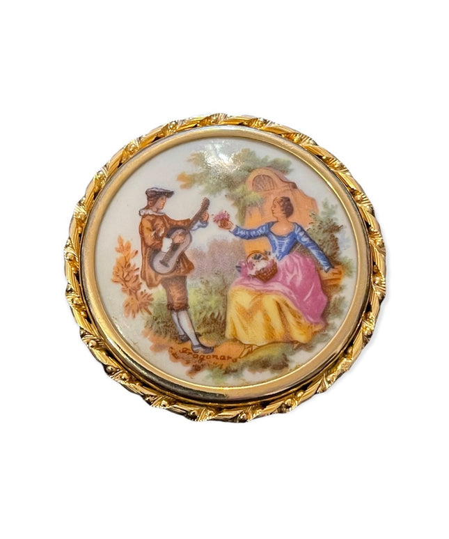 Vintage Limoges France ceramic Victorian scene gold finish Cameo brooch