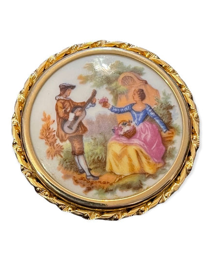 Vintage Limoges France ceramic Victorian scene gold finish Cameo brooch