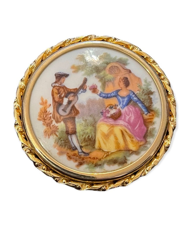 Vintage Limoges France ceramic Victorian scene gold finish Cameo brooch