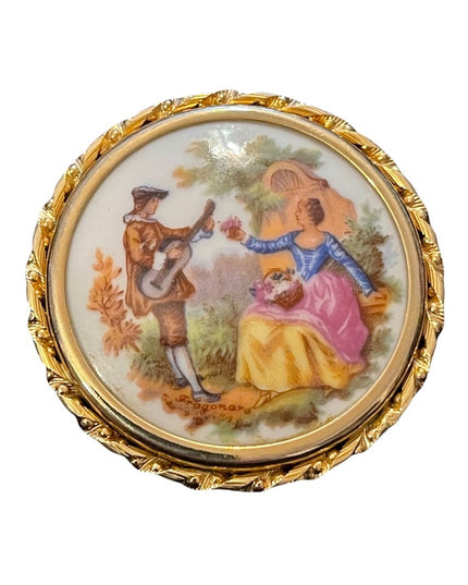 Vintage Limoges France ceramic Victorian scene gold finish Cameo brooch