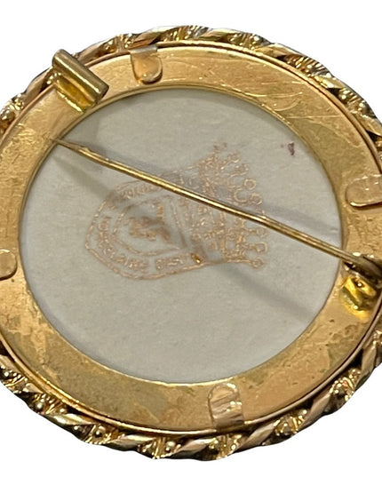 Vintage Limoges France ceramic Victorian scene gold finish Cameo brooch
