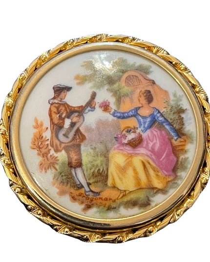 Vintage Limoges France ceramic Victorian scene gold finish Cameo brooch