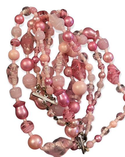 Vintage triple 3 strand pink faux pearl glass bead necklace murano