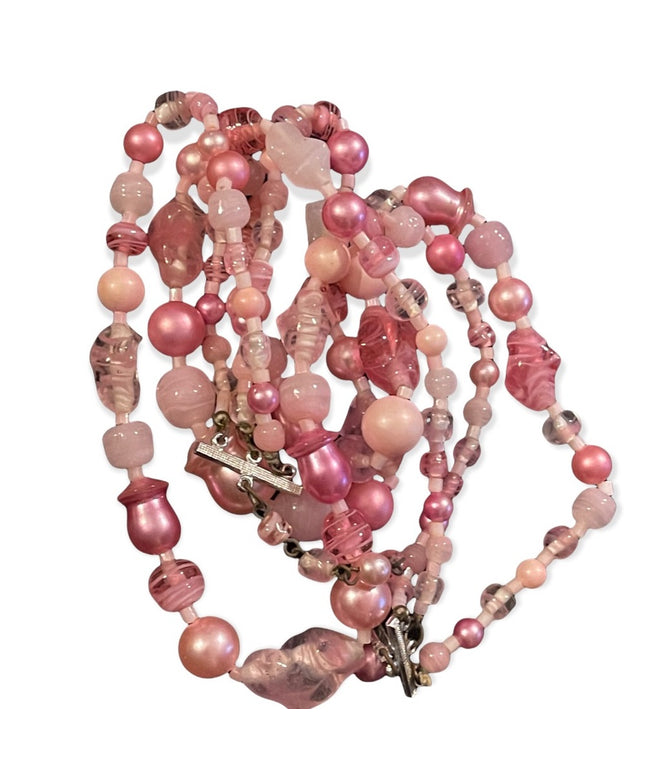 Vintage triple 3 strand pink faux pearl glass bead necklace murano