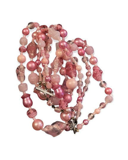 Vintage triple 3 strand pink faux pearl glass bead necklace murano