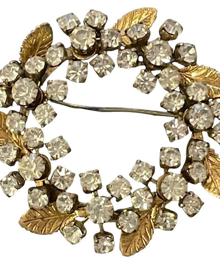 Vintage rhinestone crystal brooch with gold finish leafs leaves leaf wreath