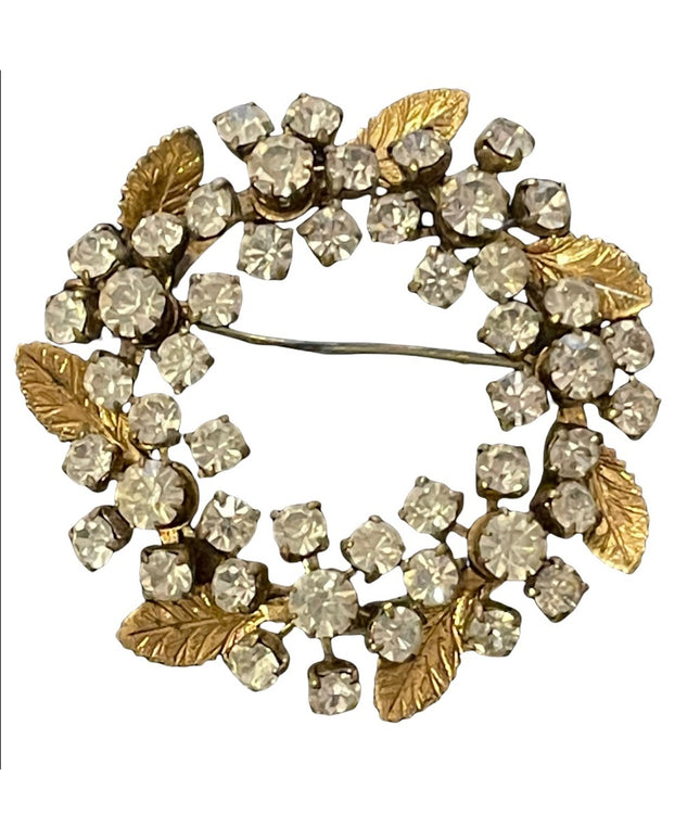 Vintage rhinestone crystal brooch with gold finish leafs leaves leaf wreath