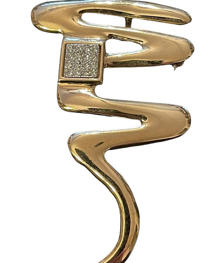 Vintage Gold finish squiggly line rhinestone brooch or necklace pendant