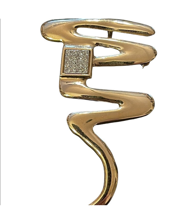 Vintage Gold finish squiggly line rhinestone brooch or necklace pendant
