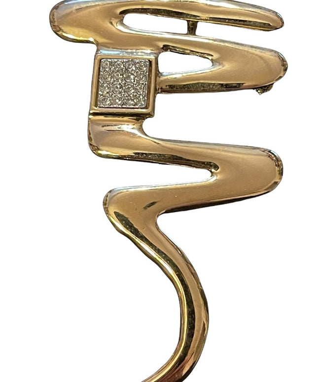 Vintage Gold finish squiggly line rhinestone brooch or necklace pendant