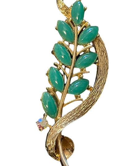 Faux jade gold finish leaf style brooch