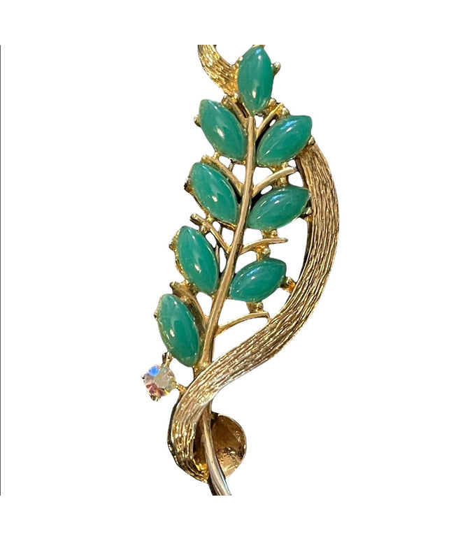 Faux jade gold finish leaf style brooch
