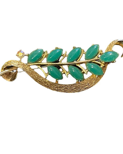 Faux jade gold finish leaf style brooch