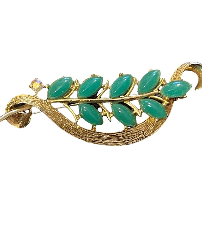 Faux jade gold finish leaf style brooch