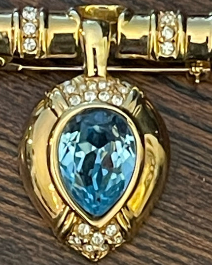 Vintage Swarovski SAL blue crystal gold finish bar magestic brooch scarf