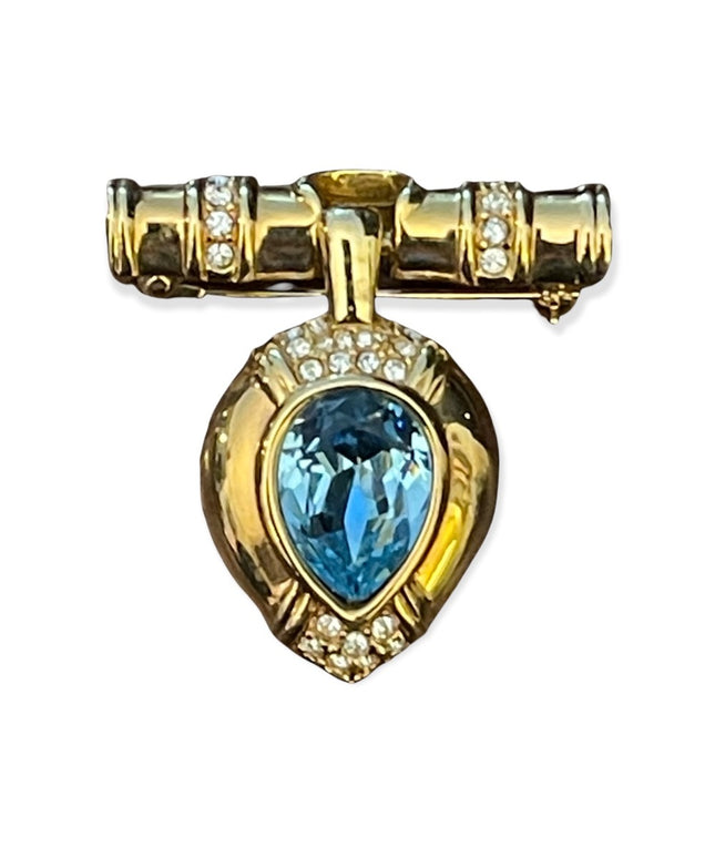 Vintage Swarovski SAL blue crystal gold finish bar magestic brooch scarf