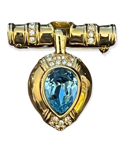 Vintage Swarovski SAL blue crystal gold finish bar magestic brooch scarf