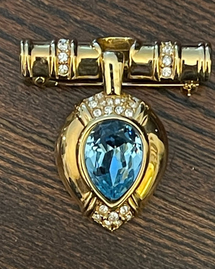 Vintage Swarovski SAL blue crystal gold finish bar magestic brooch scarf