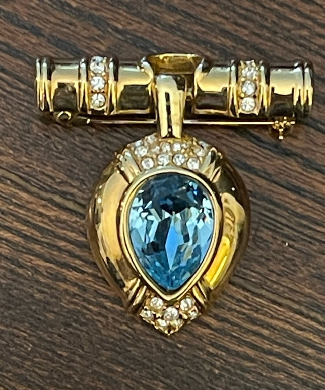 Vintage Swarovski SAL blue crystal gold finish bar magestic brooch scarf