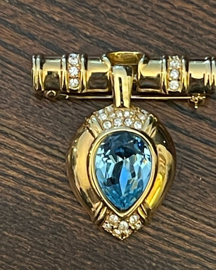 Vintage Swarovski SAL blue crystal gold finish bar magestic brooch scarf