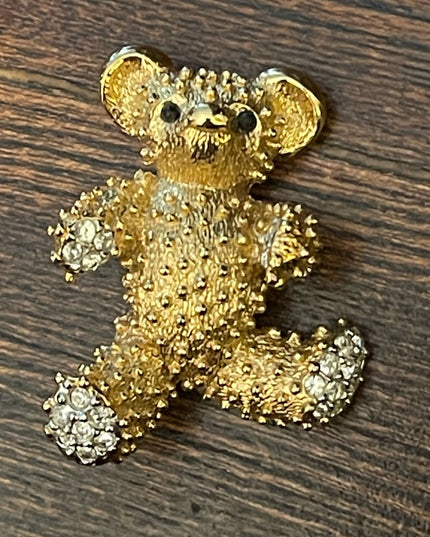 Vintage 1980s D Orlan Gold finish rhinestone teddy bear brooch