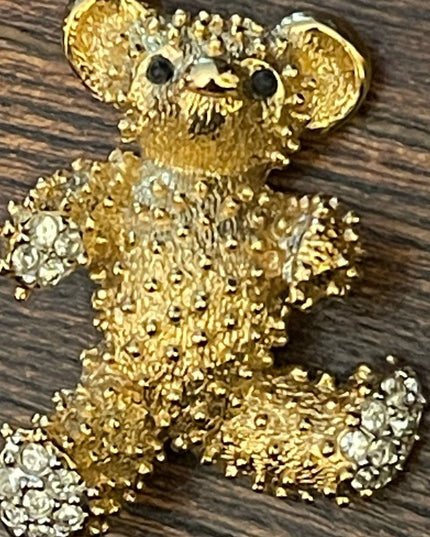 Vintage 1980s D Orlan Gold finish rhinestone teddy bear brooch