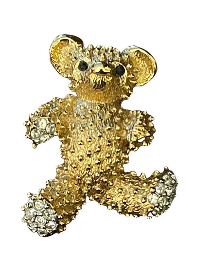 Vintage 1980s D Orlan Gold finish rhinestone teddy bear brooch