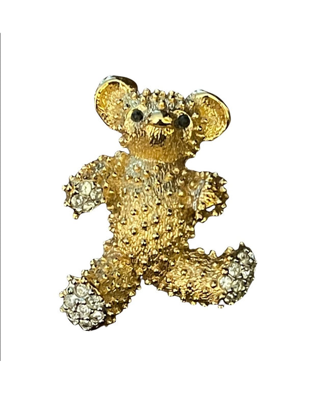 Vintage 1980s D Orlan Gold finish rhinestone teddy bear brooch
