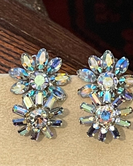 Vintage BLUE AB Sherman crystal double flower clip on earrings silver finish