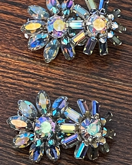 Vintage BLUE AB Sherman crystal double flower clip on earrings silver finish
