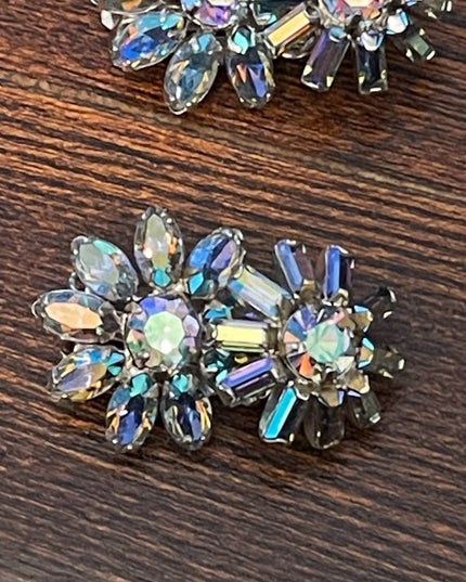 Vintage BLUE AB Sherman crystal double flower clip on earrings silver finish