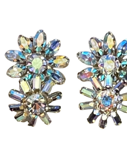 Vintage BLUE AB Sherman crystal double flower clip on earrings silver finish