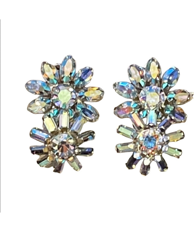 Vintage BLUE AB Sherman crystal double flower clip on earrings silver finish
