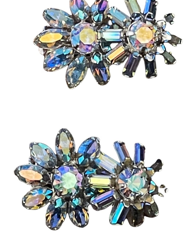 Vintage BLUE AB Sherman crystal double flower clip on earrings silver finish