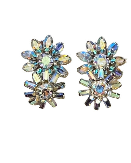 Vintage BLUE AB Sherman crystal double flower clip on earrings silver finish