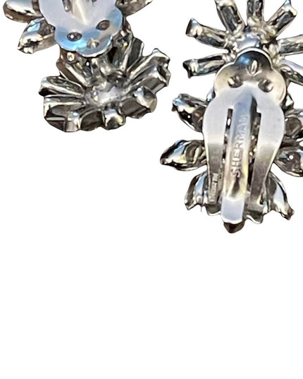 Vintage BLUE AB Sherman crystal double flower clip on earrings silver finish