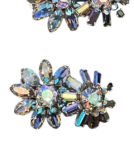 Vintage BLUE AB Sherman crystal double flower clip on earrings silver finish