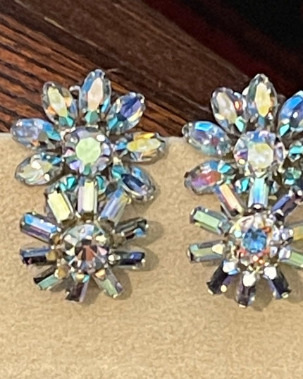 Vintage BLUE AB Sherman crystal double flower clip on earrings silver finish