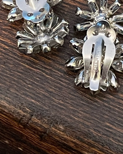 Vintage BLUE AB Sherman crystal double flower clip on earrings silver finish